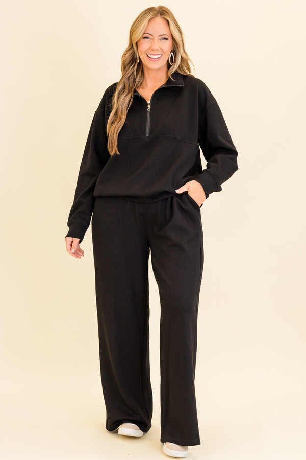 Chic Soul plus size clothing, black long straight leg pants with stretchy waistband and drawstring detail