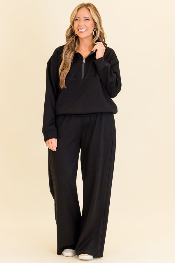Chic Soul plus size clothing, black long straight leg pants with stretchy waistband and drawstring detail