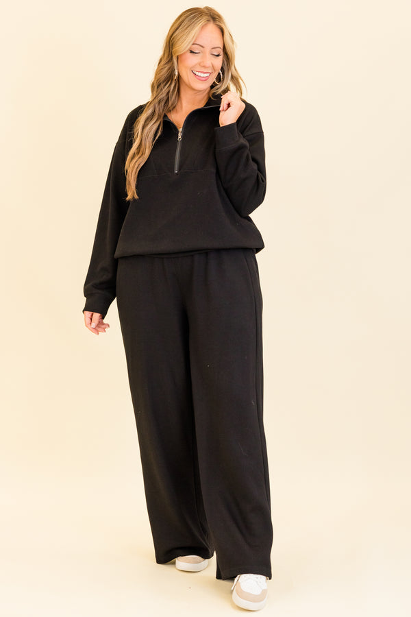Chic Soul plus size clothing, black long straight leg pants with stretchy waistband and drawstring detail