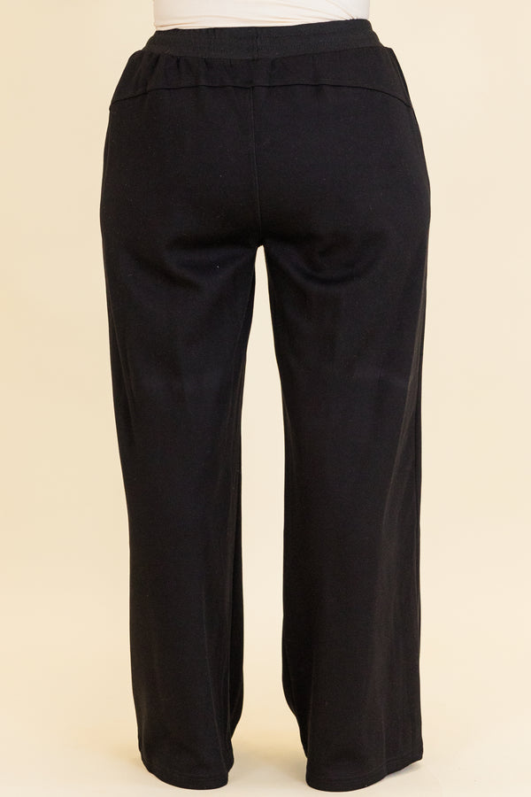 Chic Soul plus size clothing, black long straight leg pants with stretchy waistband and drawstring detail