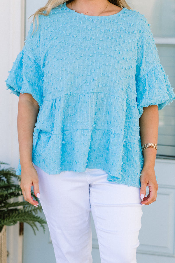 Chic Soul plus size clothing, blue flowy swiss dotted top with short bubble sleeves