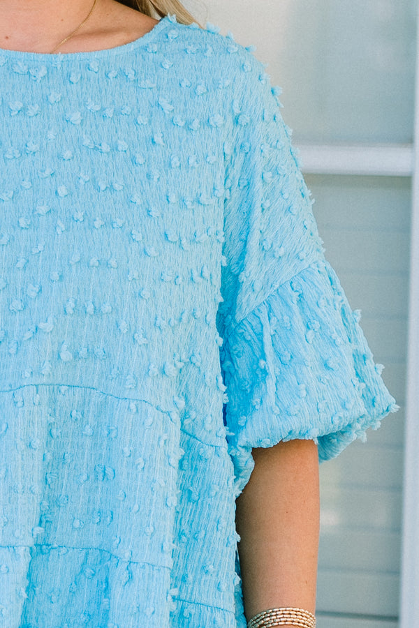 Chic Soul plus size clothing, blue flowy swiss dotted top with short bubble sleeves