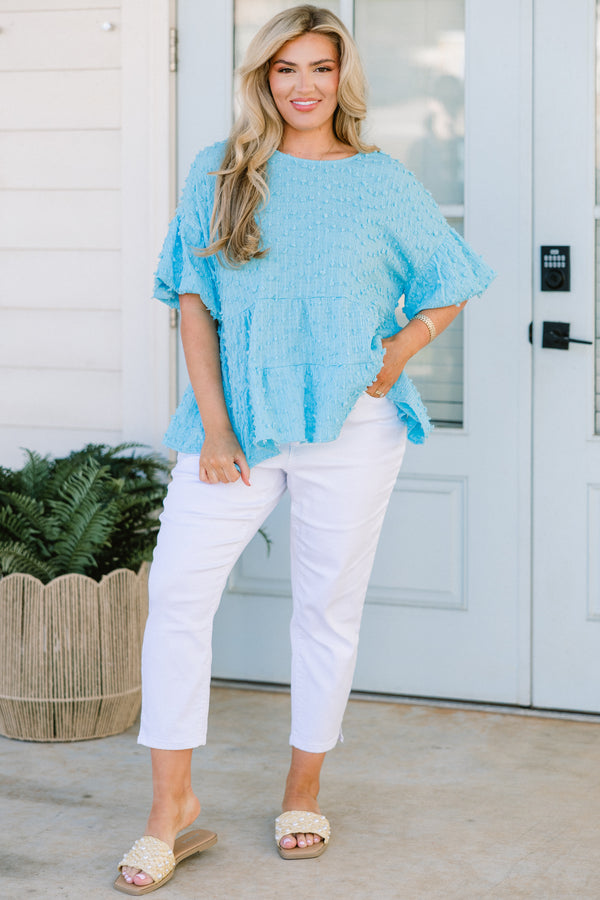 Chic Soul plus size clothing, blue flowy swiss dotted top with short bubble sleeves