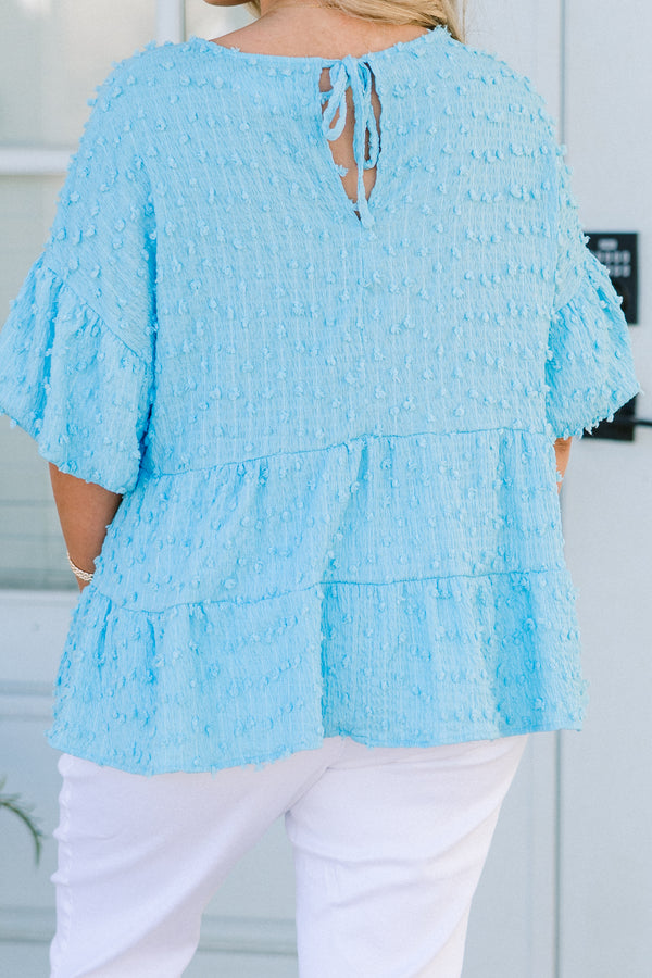 Chic Soul plus size clothing, blue flowy swiss dotted top with short bubble sleeves