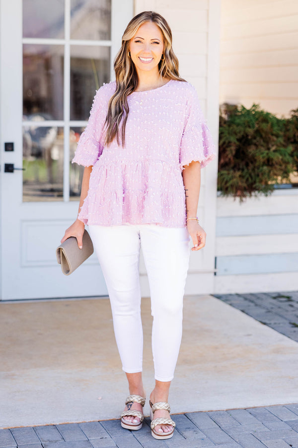 Chic Soul plus size clothing, blush babydoll style top with texture and short sleeves