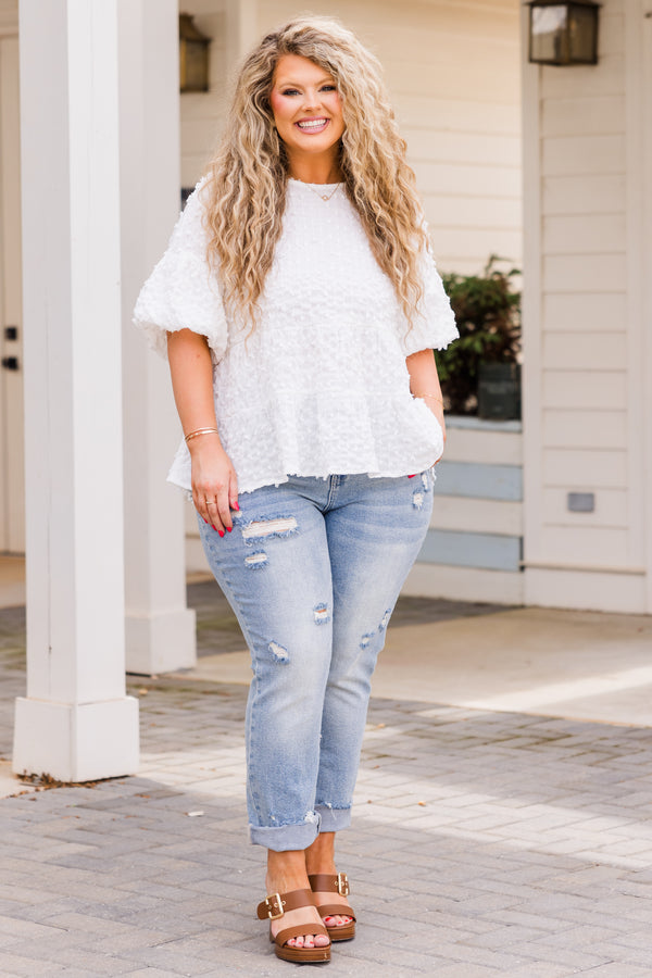 Chic Soul plus size clothing, short sleeve white top with puffed sleeves and spotted texture detailing
