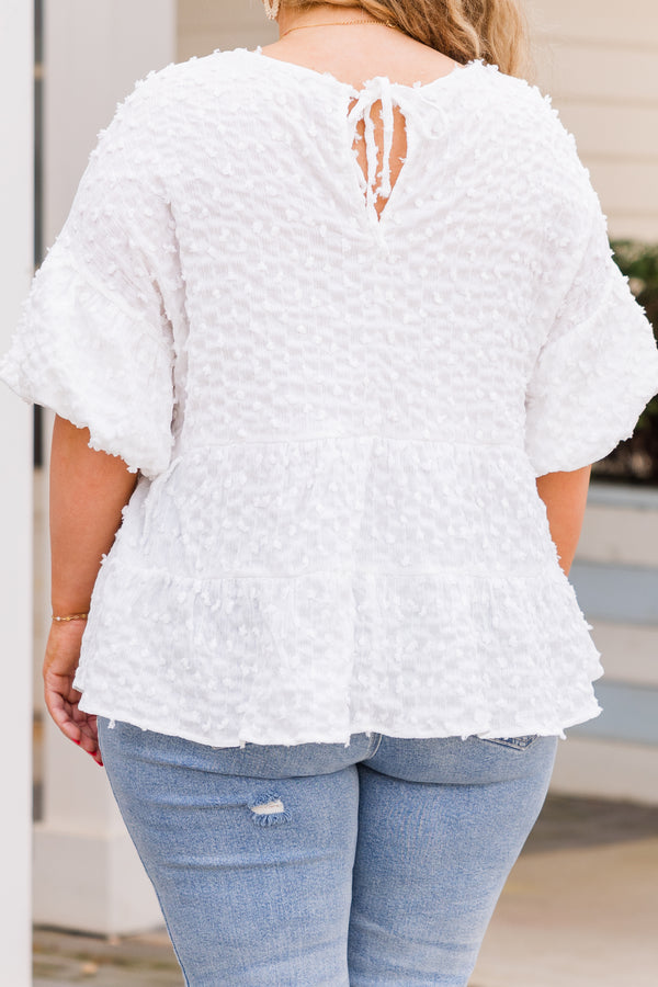 Chic Soul plus size clothing, short sleeve white top with puffed sleeves and spotted texture detailing