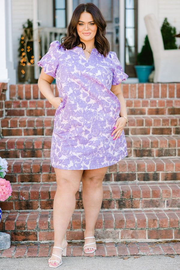 Chic Soul plus size clothing, purple short sleeve mini dress with floral print with puff sleeves and v cutout along neckline