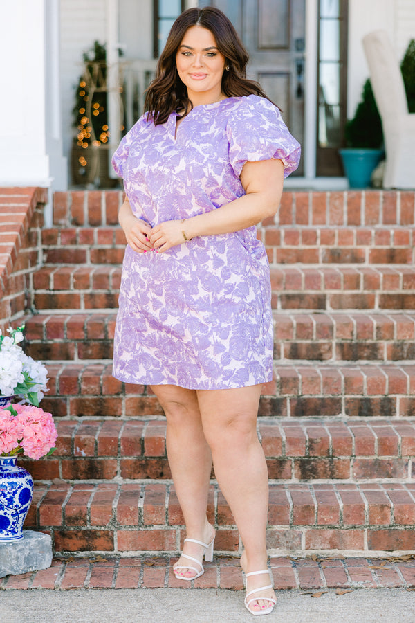 Chic Soul plus size clothing, purple short sleeve mini dress with floral print with puff sleeves and v cutout along neckline