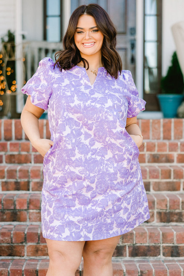 Chic Soul plus size clothing, purple short sleeve mini dress with floral print with puff sleeves and v cutout along neckline