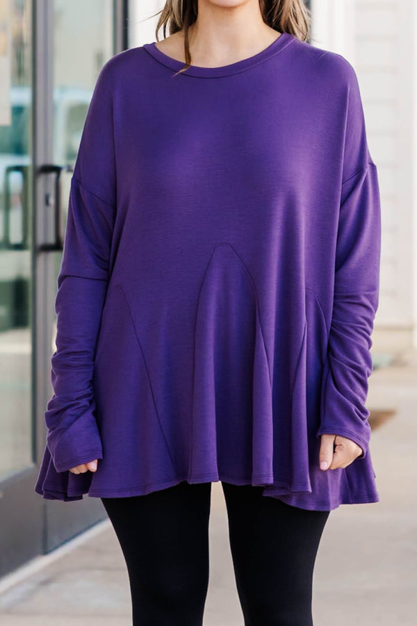 Chic Soul plus size clothing, purple long sleeve top with flowy fabric additions to the bottom of the top, buttery soft material