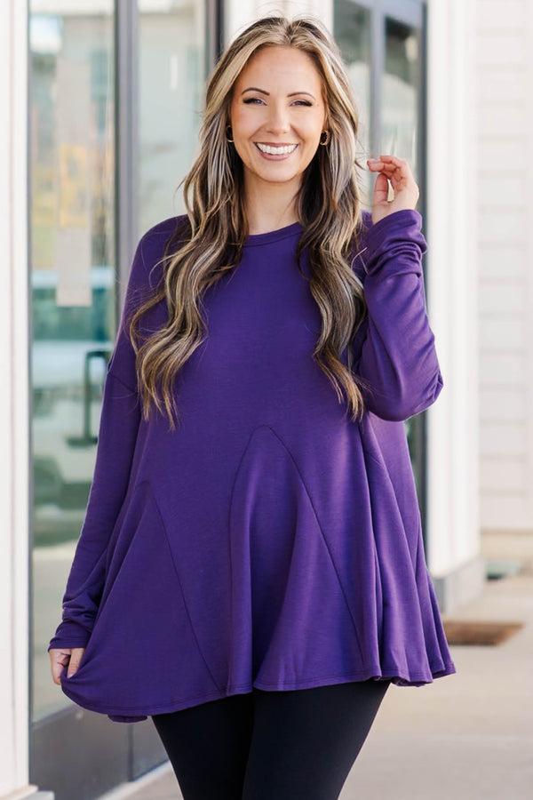 Chic Soul plus size clothing, purple long sleeve top with flowy fabric additions to the bottom of the top, buttery soft material
