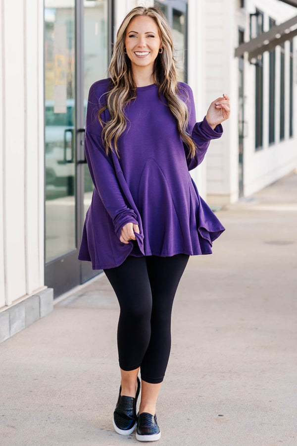 Chic Soul plus size clothing, purple long sleeve top with flowy fabric additions to the bottom of the top, buttery soft material