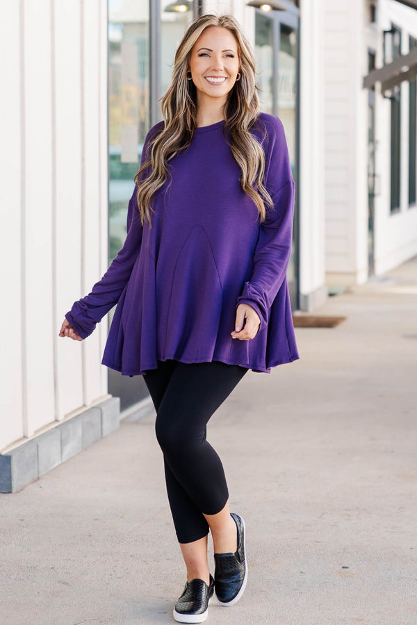 Chic Soul plus size clothing, purple long sleeve top with flowy fabric additions to the bottom of the top, buttery soft material