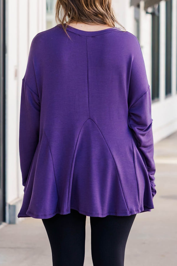 Chic Soul plus size clothing, purple long sleeve top with flowy fabric additions to the bottom of the top, buttery soft material