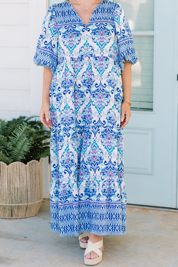 Chic Soul plus size clothing, blue abstract maxi dress with v cutout neckline with puff sleeves and tiered detail along skirt