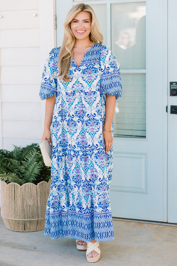 Chic Soul plus size clothing, blue abstract maxi dress with v cutout neckline with puff sleeves and tiered detail along skirt
