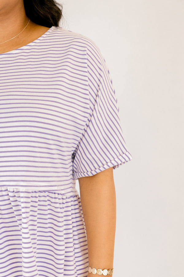 Chic Soul plus size clothing,  lavender striped top with a flowy detail on the bottom of the top and short sleeves 