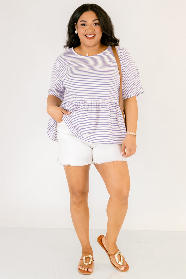 Chic Soul plus size clothing,  lavender striped top with a flowy detail on the bottom of the top and short sleeves 