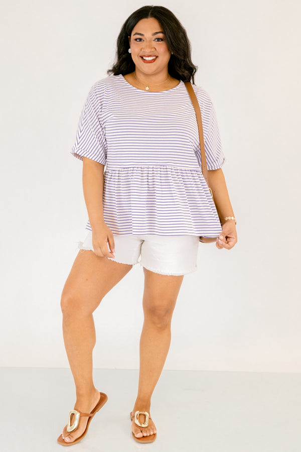 Chic Soul plus size clothing,  lavender striped top with a flowy detail on the bottom of the top and short sleeves 
