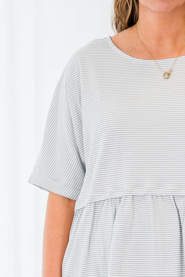 Chic Soul plus size clothing, light green short sleeve pin stripe babydoll top with cuff sleeves