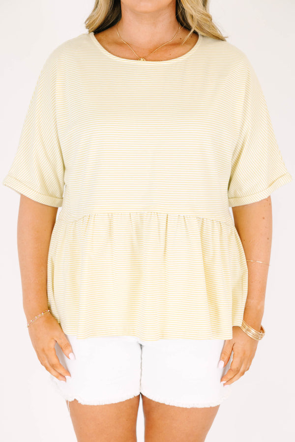 Chic Soul plus size clothing, short sleeve soft yellow babydoll top with ribbed material