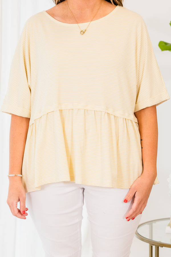 Chic Soul plus size clothing, short sleeve soft yellow babydoll top with ribbed material