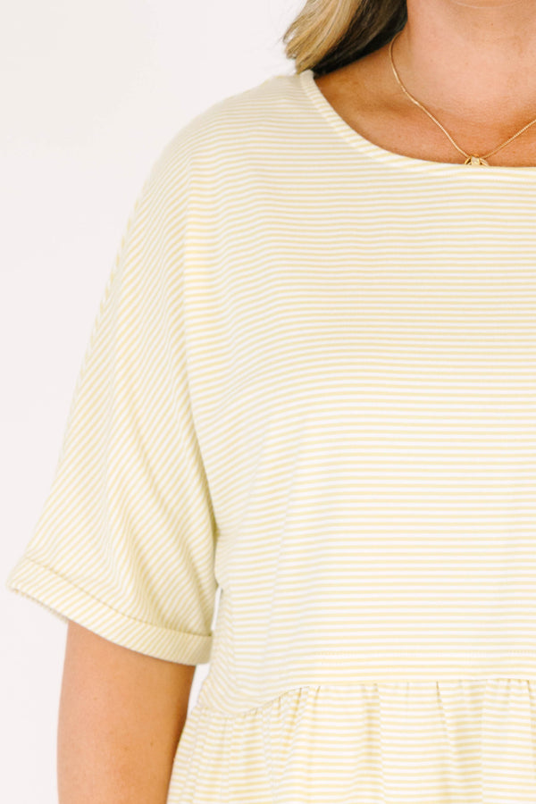 Chic Soul plus size clothing, short sleeve soft yellow babydoll top with ribbed material