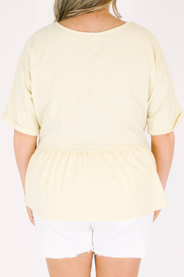 Chic Soul plus size clothing, short sleeve soft yellow babydoll top with ribbed material