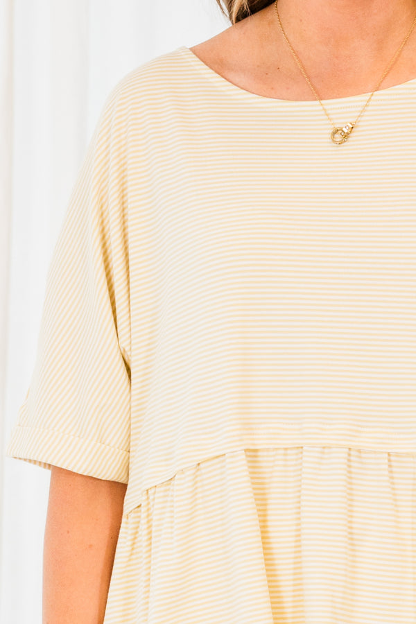 Chic Soul plus size clothing, short sleeve soft yellow babydoll top with ribbed material