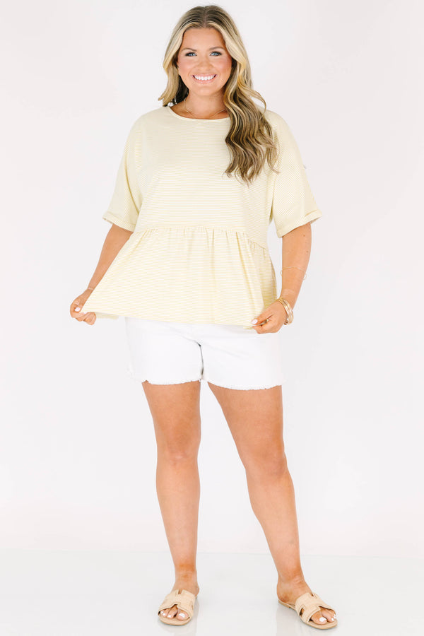 Chic Soul plus size clothing, short sleeve soft yellow babydoll top with ribbed material
