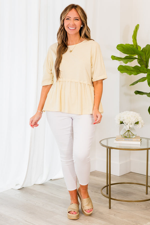 Chic Soul plus size clothing, short sleeve soft yellow babydoll top with ribbed material