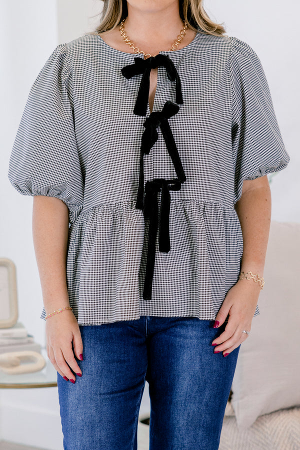 Chic Soul plus size clothing, black and white small gingham print baby doll puff short sleeve top with three black bow ties along the front