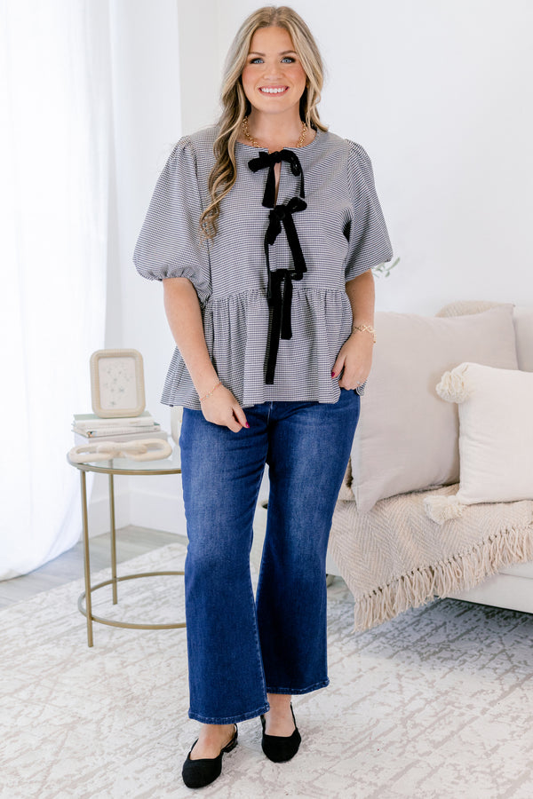 Chic Soul plus size clothing, black and white small gingham print baby doll puff short sleeve top with three black bow ties along the front