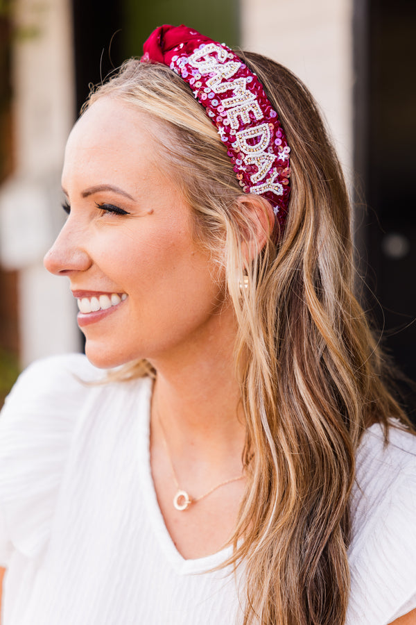 Chic Soul plus size clothing, burgundy sequin headband with white beaded 