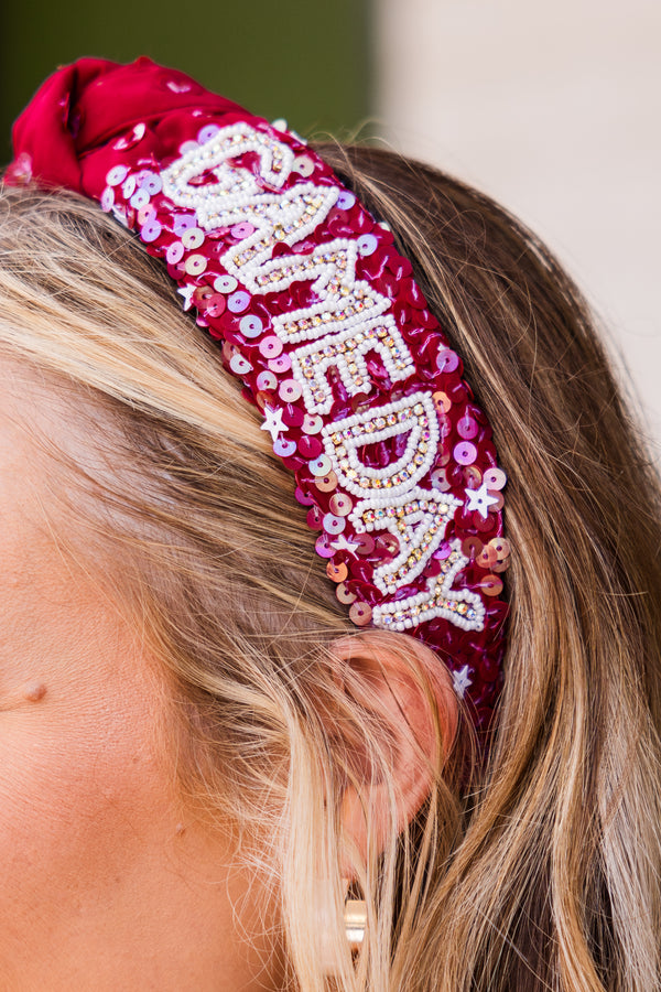 Chic Soul plus size clothing, burgundy sequin headband with white beaded 