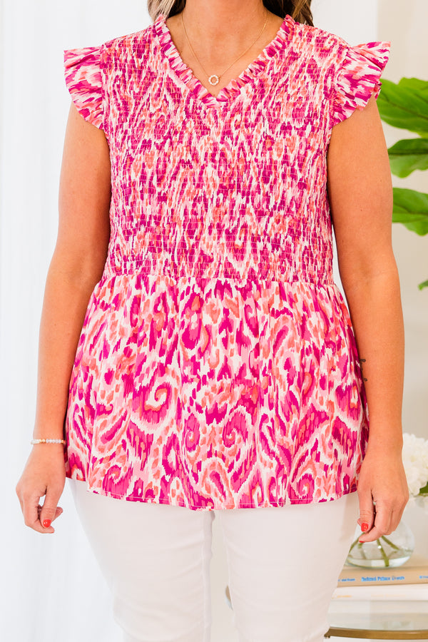 Chic Soul plus size clothing, pink short sleeve abstract top with smocked top with v neckline and ruffle sleeve