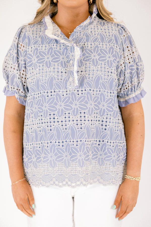 Chic Soul plus size clothing, chambray blue and white eyelet floral pattern short puff sleeve top with popped collar and white lace trim outlining collar