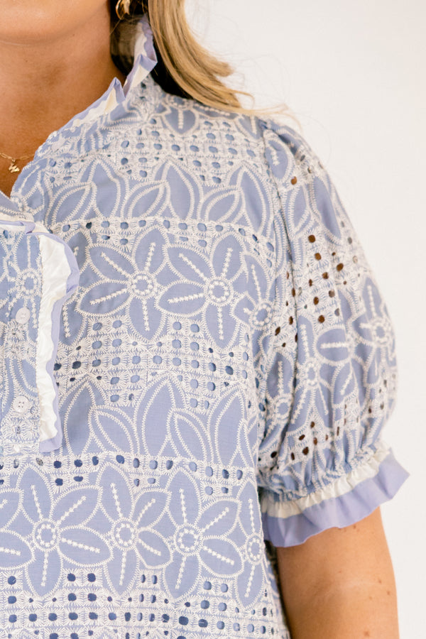 Chic Soul plus size clothing, chambray blue and white eyelet floral pattern short puff sleeve top with popped collar and white lace trim outlining collar