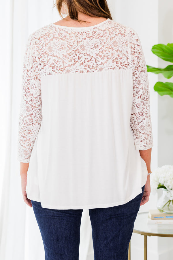 Chic Soul plus size clothing, quarter sleeve flowy ivory blouse with lace details and sleeves