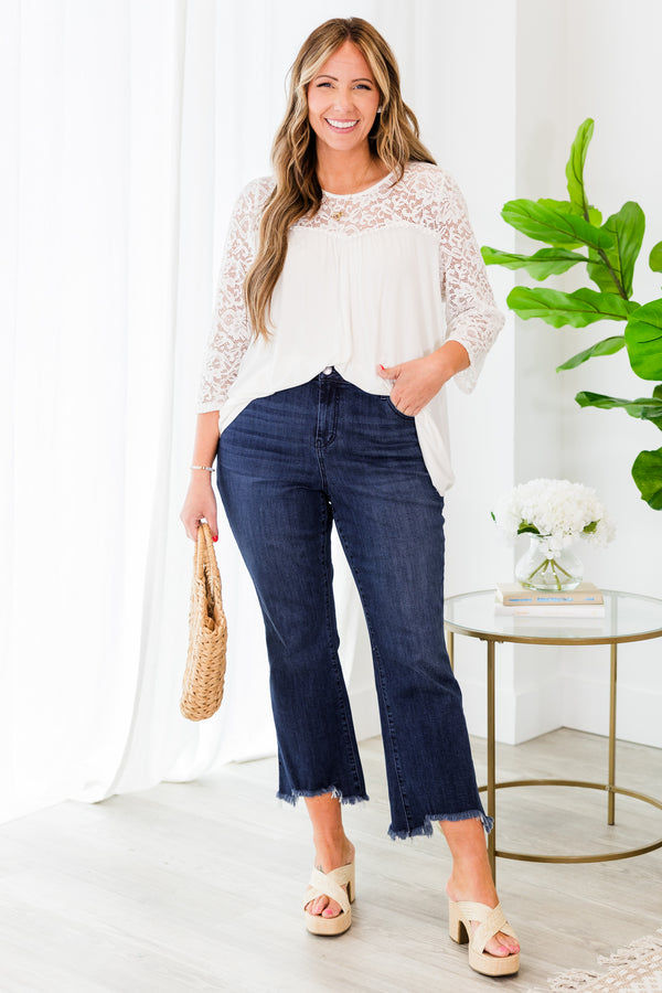 Chic Soul plus size clothing, quarter sleeve flowy ivory blouse with lace details and sleeves