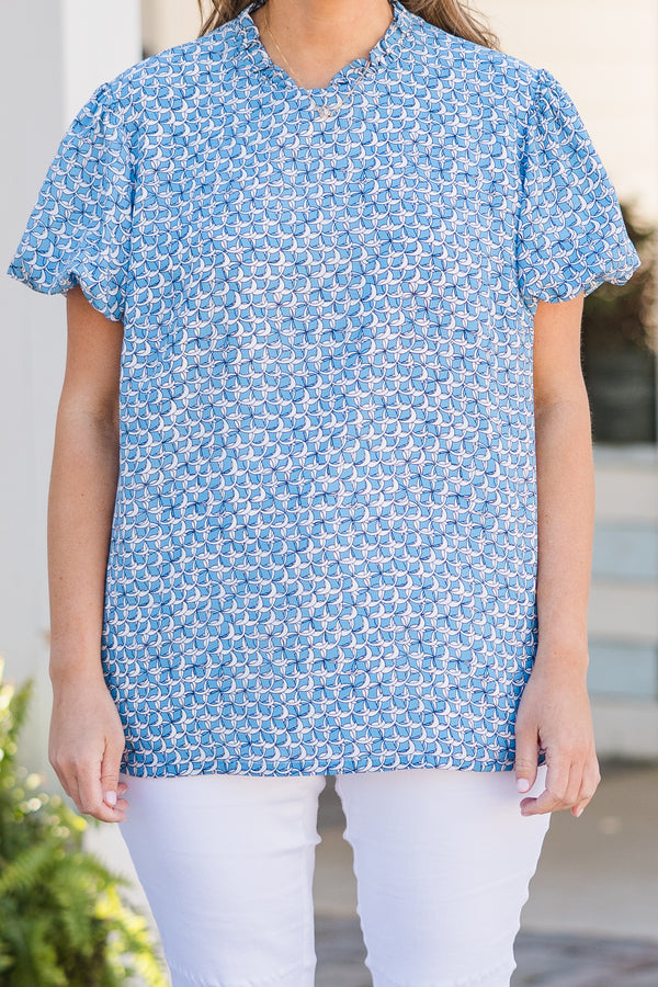Chic Soul plus size clothing, white and blue abstract pattern show sleeve top