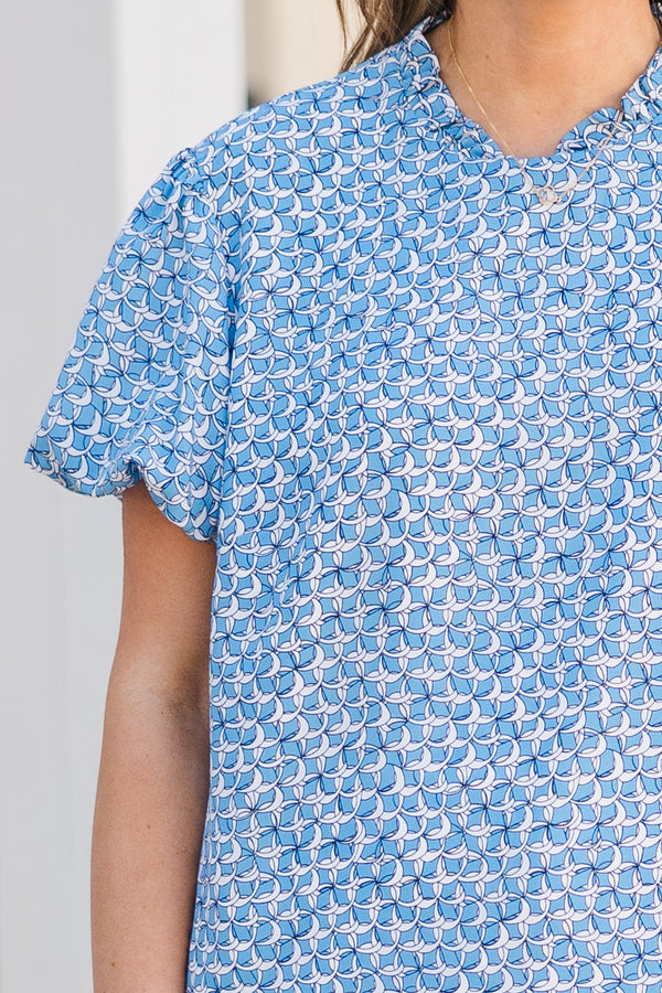 Chic Soul plus size clothing, white and blue abstract pattern show sleeve top