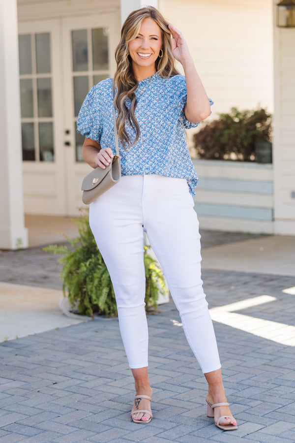 Chic Soul plus size clothing, white and blue abstract pattern show sleeve top