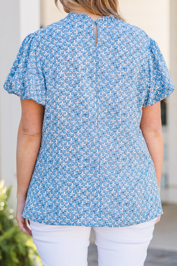 Chic Soul plus size clothing, white and blue abstract pattern show sleeve top