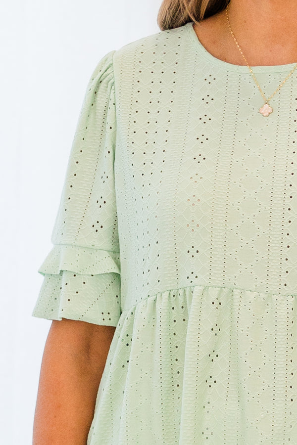 Chic Soul plus size clothing, short sleeve mint green baby doll top with ruffles and lace detailed pattern 