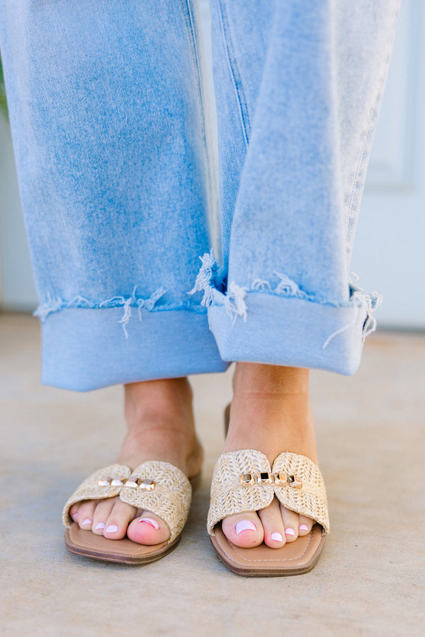 Chic Soul plus size clothing, backless slip-on natural tan sandals with a woven detailing and gold accents on the top with a brown sole 