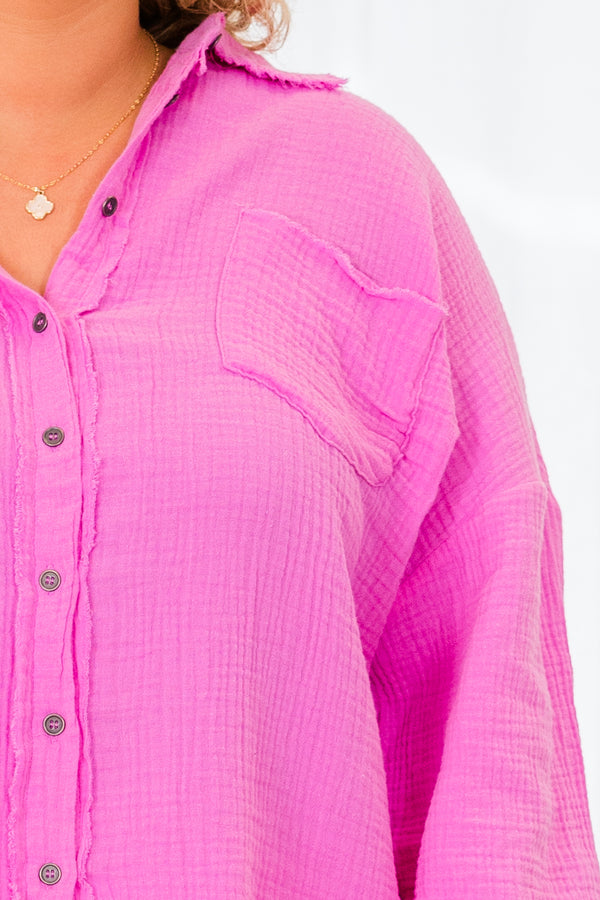 Chic Soul plus size clothing, long sleeve buttoned bright mauve top with distressed details