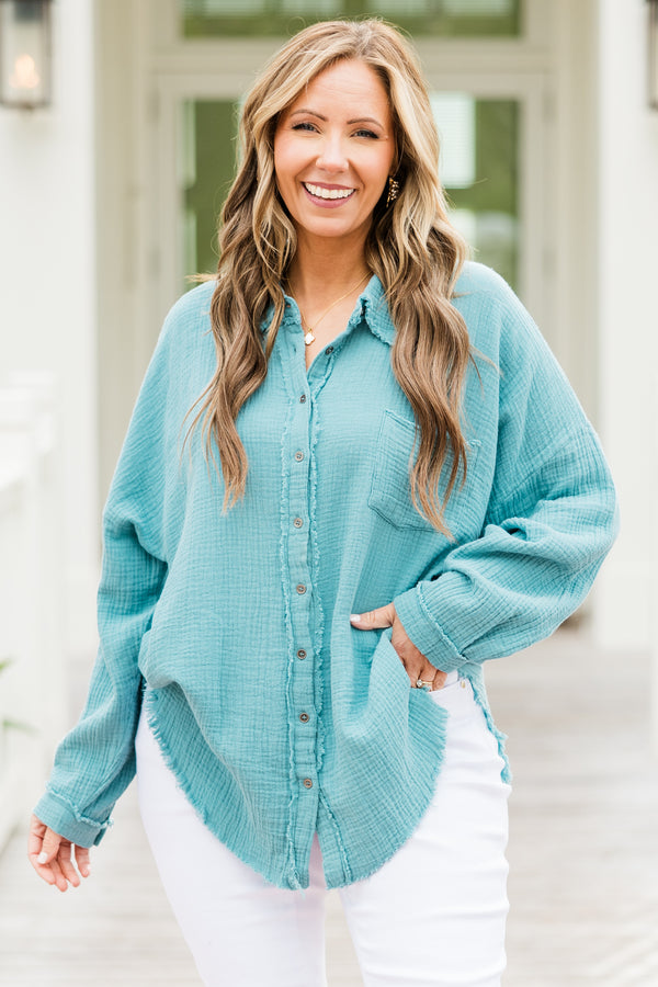 Chic Soul plus size clothing, long-sleeve dusty teal green distressed buttoned collared top with a pocket on the bodice