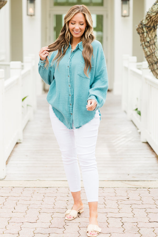 Chic Soul plus size clothing, long-sleeve dusty teal green distressed buttoned collared top with a pocket on the bodice